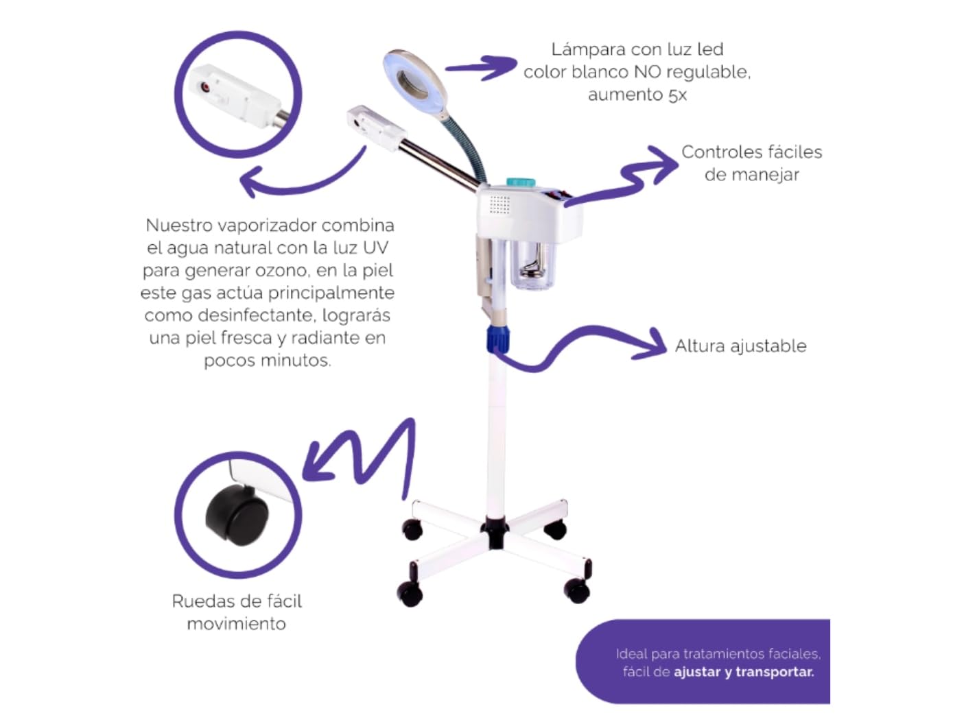 Vaporizador Generación de Ozono con Lupa y Luz Led Pedestal Facial Spa Salon de Belleza Barberia Vapor caliente abre los poros y suaviza la piel Letmex BM3058