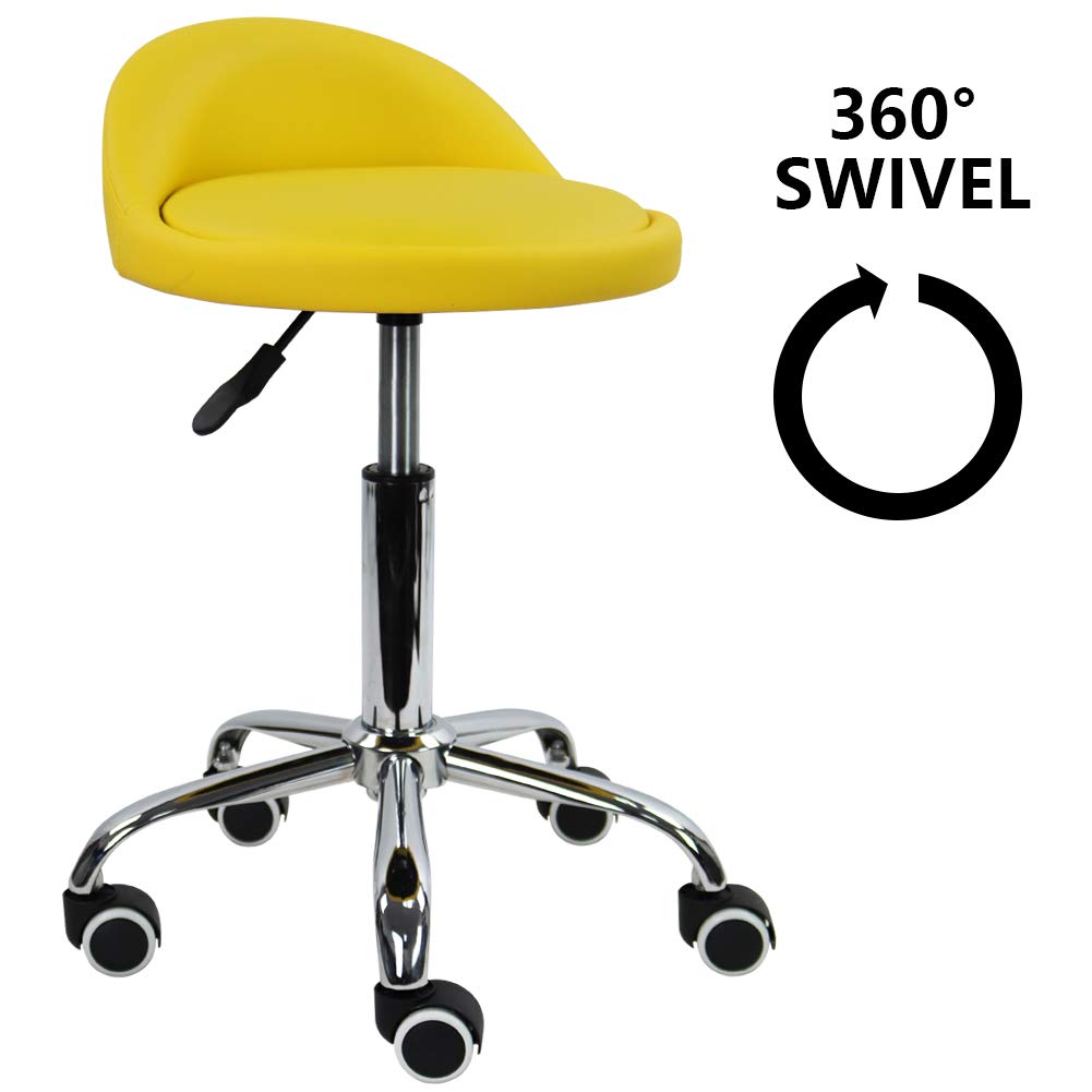 KKTONER Taburetes Giratorios con Respaldo Bajo Taburetes Redondos Rodantes Amarillo Taburete Silla con Ruedas para el Hogar Salón Facial SPA Masaje Tatuajes Trabajo