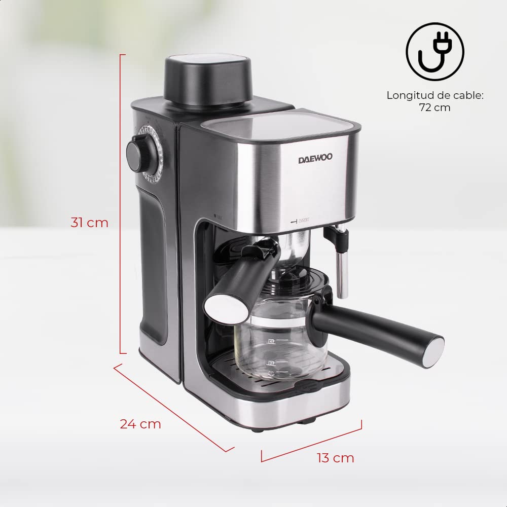 Cafetera Maquina De Espresso Daewoo, 0.24 Lts, bomba de presion 3.5 bar, espumado de leche, filtro de acero inoxidable, plata, modelo DES-485