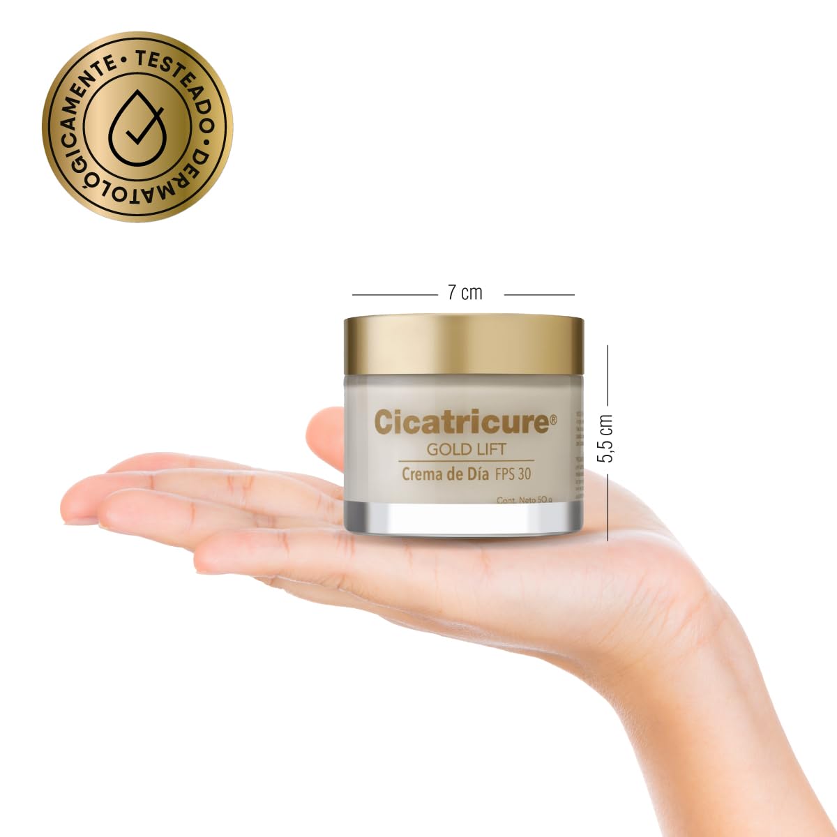 CICATRICURE - GOLD LIFT Crema de Día. Reduce arrugas gravitacionales, mejora la elasticidad y producción de colágeno, con calcio, silicio, FPS 30 y péptidos con oro, tarro con 50g