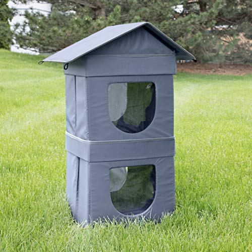 Kitty City Condominio para gatos al aire libre de 2 niveles, cama grande para gato, cubo apilable, cama lavable, casa para gatos interior/condominio, gris (CM-10077-CS01)