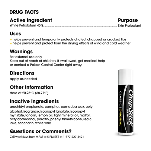 ChapStick Classic (3 Sticks) Original Flavor Skin Protectant Flavored Lip Balm Tube, 0.15 Ounce Each