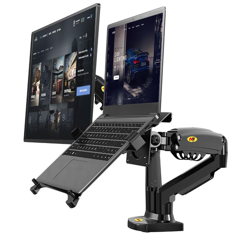 Soporte para Monitor y Laptop MORNWELL Negro con Brazos Hidráulicos para Pantallas de 17 a 27 Pulgadas y Bandeja Ajustable para Portátil de 10 a 17 Pulgadas