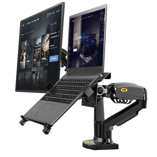 Soporte para Monitor y Laptop MORNWELL Negro con Brazos Hidráulicos para Pantallas de 17 a 27 Pulgadas y Bandeja Ajustable para Portátil de 10 a 17 Pulgadas