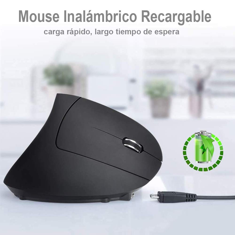 Mouse Ergonómico Inalámbrico Recargable Negro con Diseño de 6 Botones y 3 DPIs Ajustables