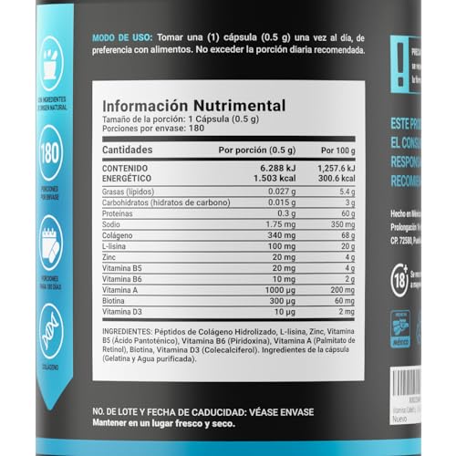B Life Company Vitaminas para el Cabello del Hombre 180 Cápsulas 500 mg por cápsula. Colágeno Hidrolizado, L Lysina, Zinc, B5, B6, Biotina y D3. Ingredientes naturales. Mens HR.