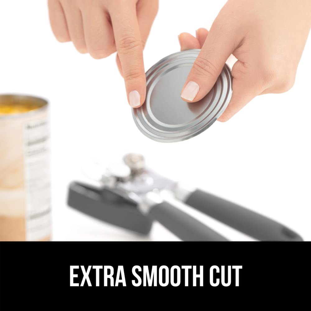 Gorilla Grip Abrelatas manual de mano de acero inoxidable resistente con borde liso con mango suave al tacto, a prueba de óxido, perilla de mano fácil giro, el mejor abridor de tapa grande para cocina, gris