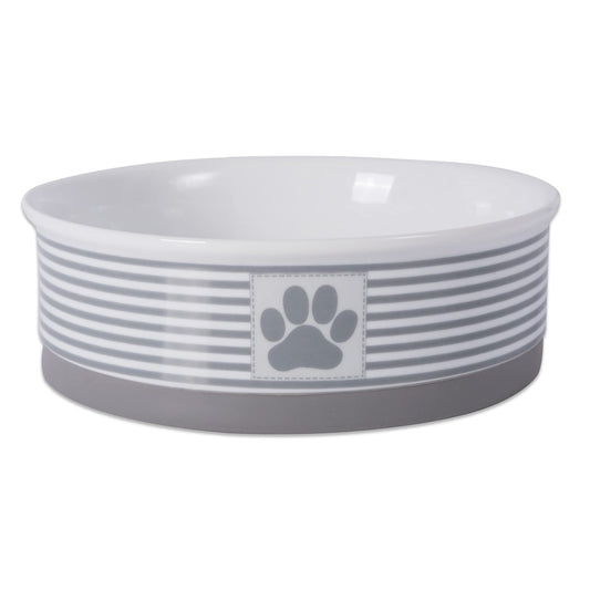 DII Bone Dry Paw Patch & Stripes Ceramic Pet Bowl for Food & Water with Non-Skid Silicone Rim for Dogs and Cats (Large - 7.5" Dia x 4"H) Gray