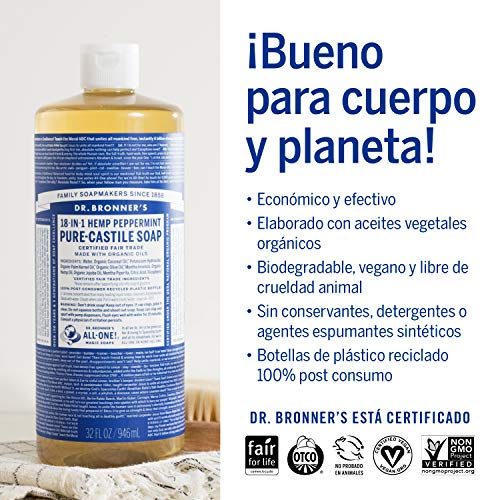 Dr. Bronner's | Jabón de castilla orgánico, para todo el cuerpo, intensamente refrescante, biodegradable y aromatizado con aceite esencial de Menta 946 ml