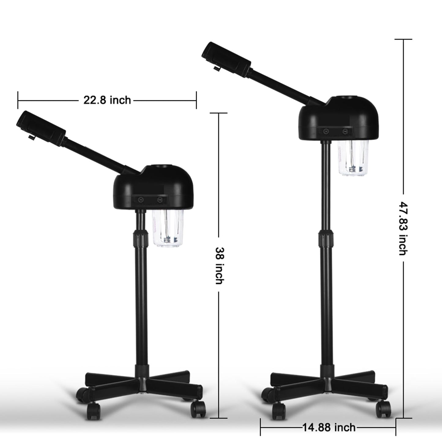 Vaporizador facial de ozono profesional con soporte, control táctil, función de niebla caliente, altura ajustable y base rodante, boquilla giratoria de 360°, uso para el hogar, salón de spa (negro)