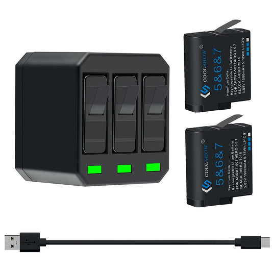 COOLSHOW Hero 7 6 5 Batería de repuesto (2 paquetes) y Triple Hero 7 Cargador compatible con GoPro Hero 7 Negro, Hero 6 Black, Hero 5 Black, Hero 2018 y cargador compatible con Hero 8