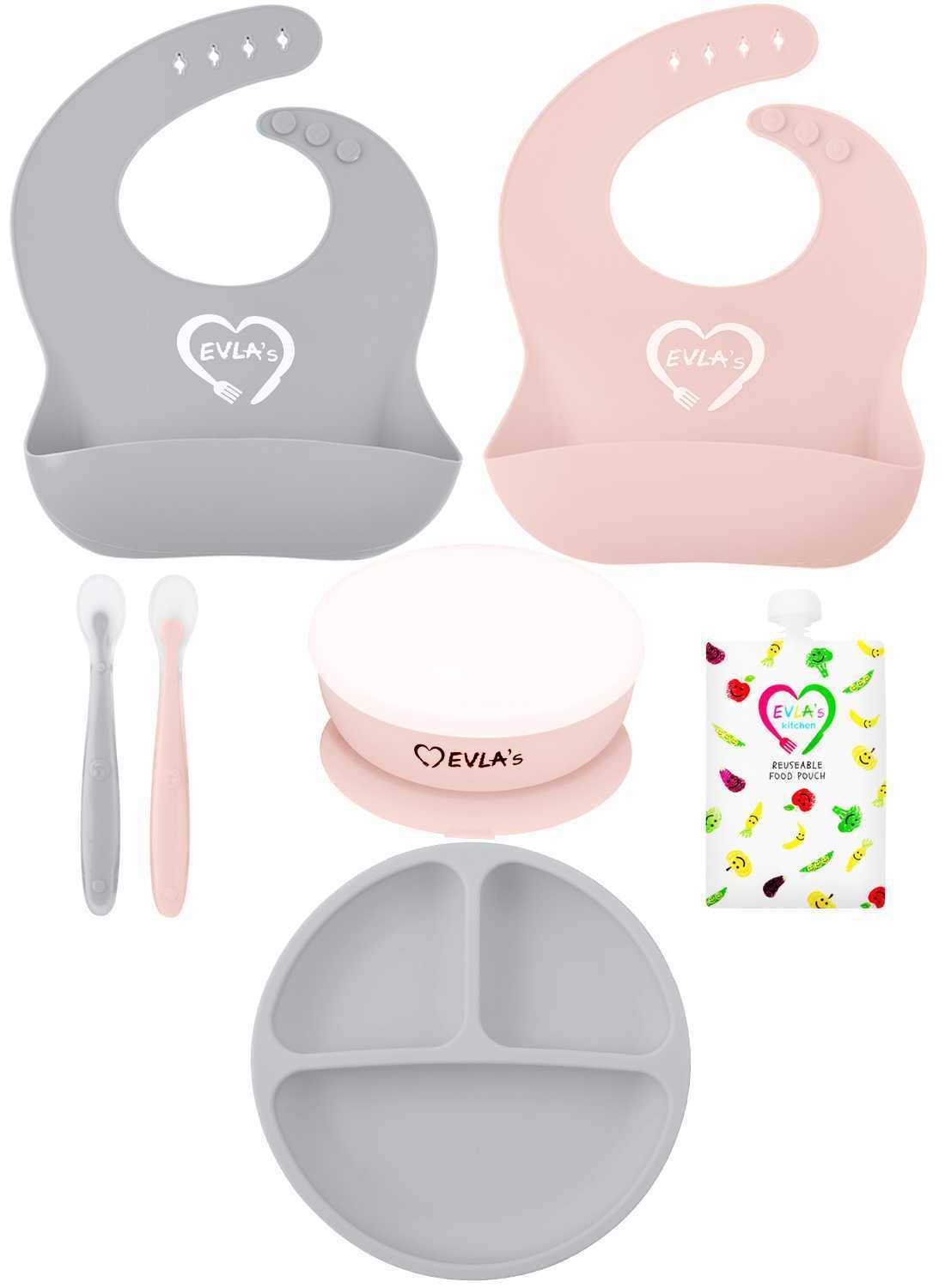 EVLA'S - Juego de alimentación para bebé, suministros de destete LED para bebé, baberos de silicona ajustables, placa dividida, tazón con ventosa con tapa, cucharas suaves para bebés o niños pequeños