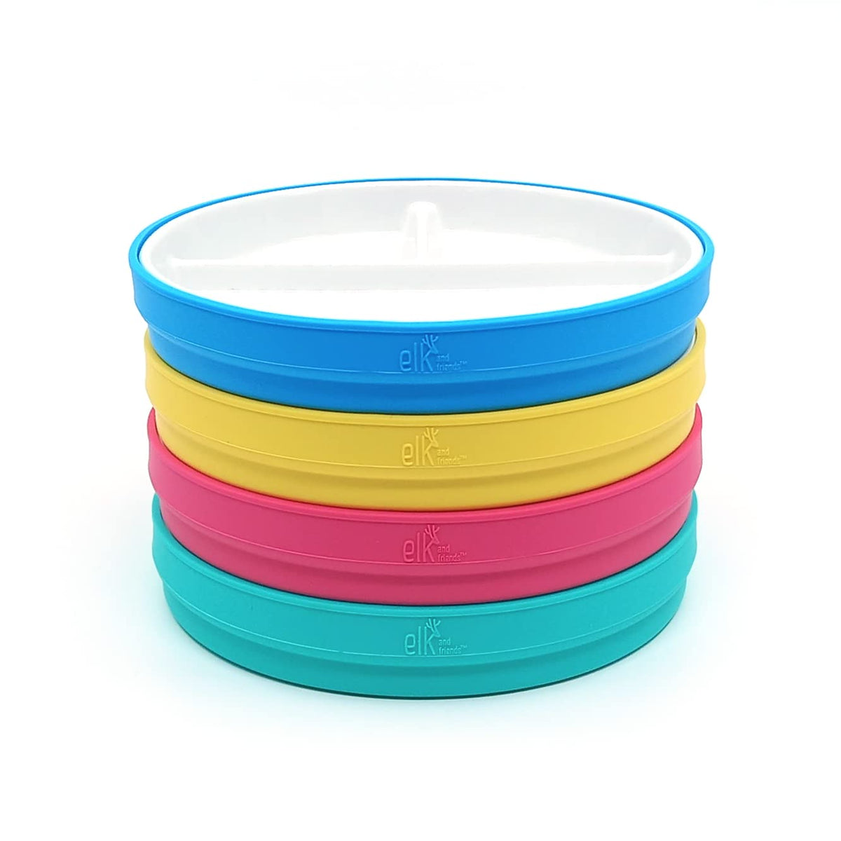 Elk and Friends Kids - Platos divididos de porcelana de 6.7 pulgadas con mangas de silicona, adecuados para bebés/niños/niños pequeños, aptos para microondas y lavaplatos, antideslizantes, platos de
