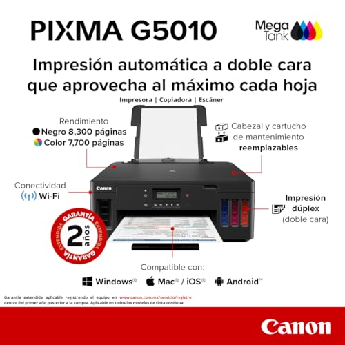 Canon Impresora Wi-Fi G5010 de Tanque de tintas, Alto Rendimiento y Bandeja de Entrada para 350 Hojas