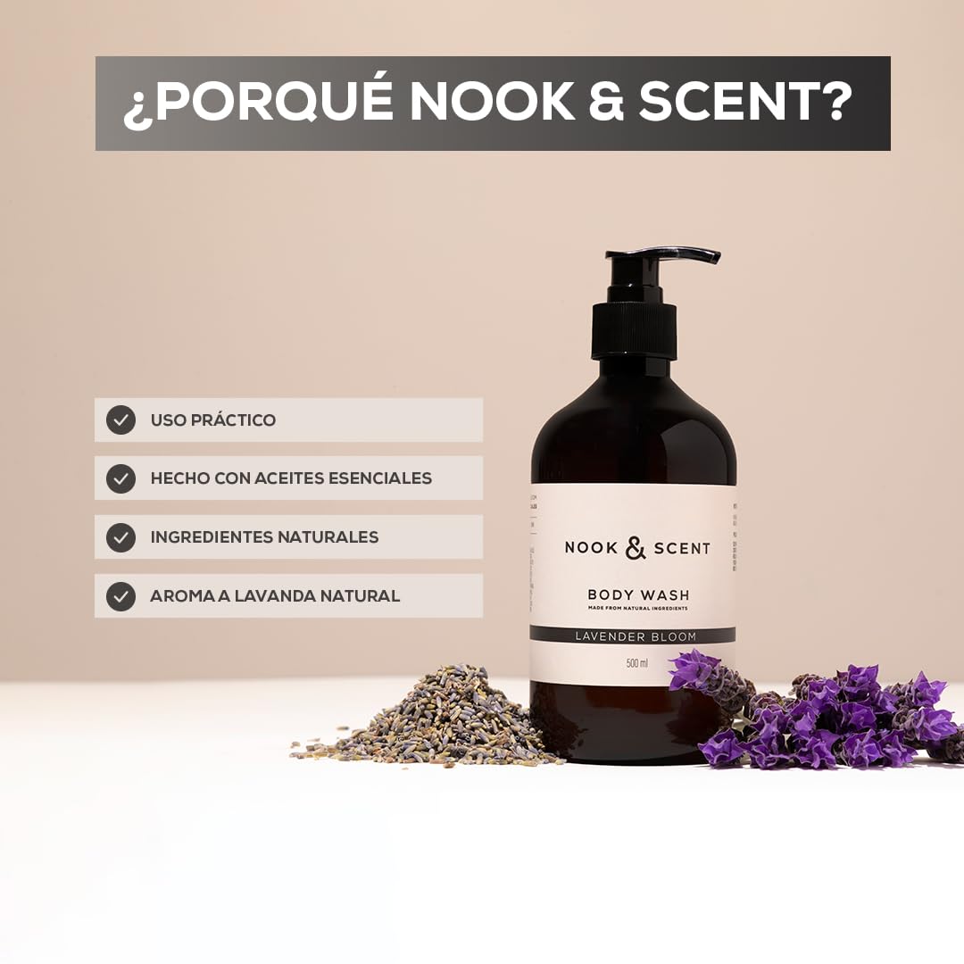 Body Wash Lavanda | 500 ml | Limpieza e Hidratación | Libre de Sulfatos y Parabenos, Vegano, Aceites Esenciales, Aroma Floral Relajante con Notas de Lavanda y Almizcle | Gel de Baño Nook & Scent