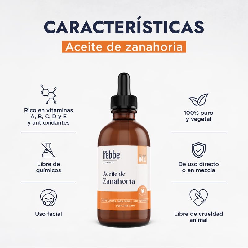 Hebbe - Aceite De Zanahoria 100% Puro 50 ml | Hidratante Reafirmante | Regenerador | Antiedad | Cabello Brillo Y Suavidad