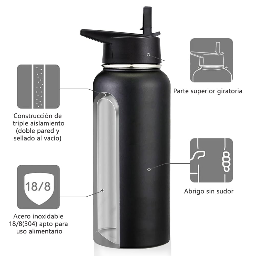 Free Wolf 40OZ Termo de Acero Inoxidable A Prueba de Fugas Con 3 Tapas y Asa, Doble Aislamiento Térmico para 24 Horas de Agua Fría y 12 Horas de Caliente