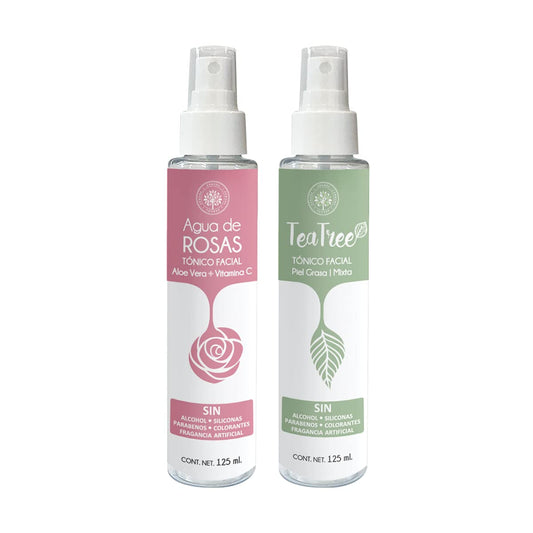 Kit Cuidado Facial: Tónico con Tea Tree + Agua de Rosas con Aloe Vera y Vitamina C - La combinación IDEAL para una Piel RADIANTE e HIDRATADA. 125 ml
