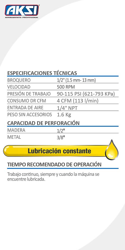 TALADRO REVERSIBLE 1/2" AKSI, Línea SEMI PROFESIONAL - Broquero de 1/2" (1.5 mm / 13 mm) Con una velocidad de 500 RPM - 90-115 PSI entrada de aire 1/4" NPT TALADRO NEUMÁTICO REVERSIBLE - AKSI - PRO - NPT (1/2", SEMI PRO)
