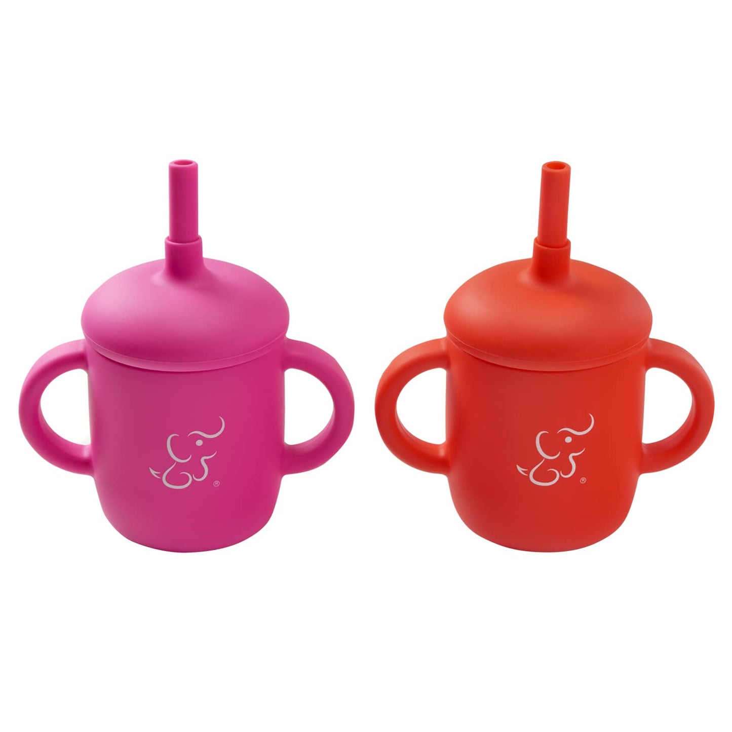 PAPU BABY Set de 2 Vasos/Tazas Entrenadoras 100 de silicón con popote y asas. (Rosa Mexicano/Rojo)