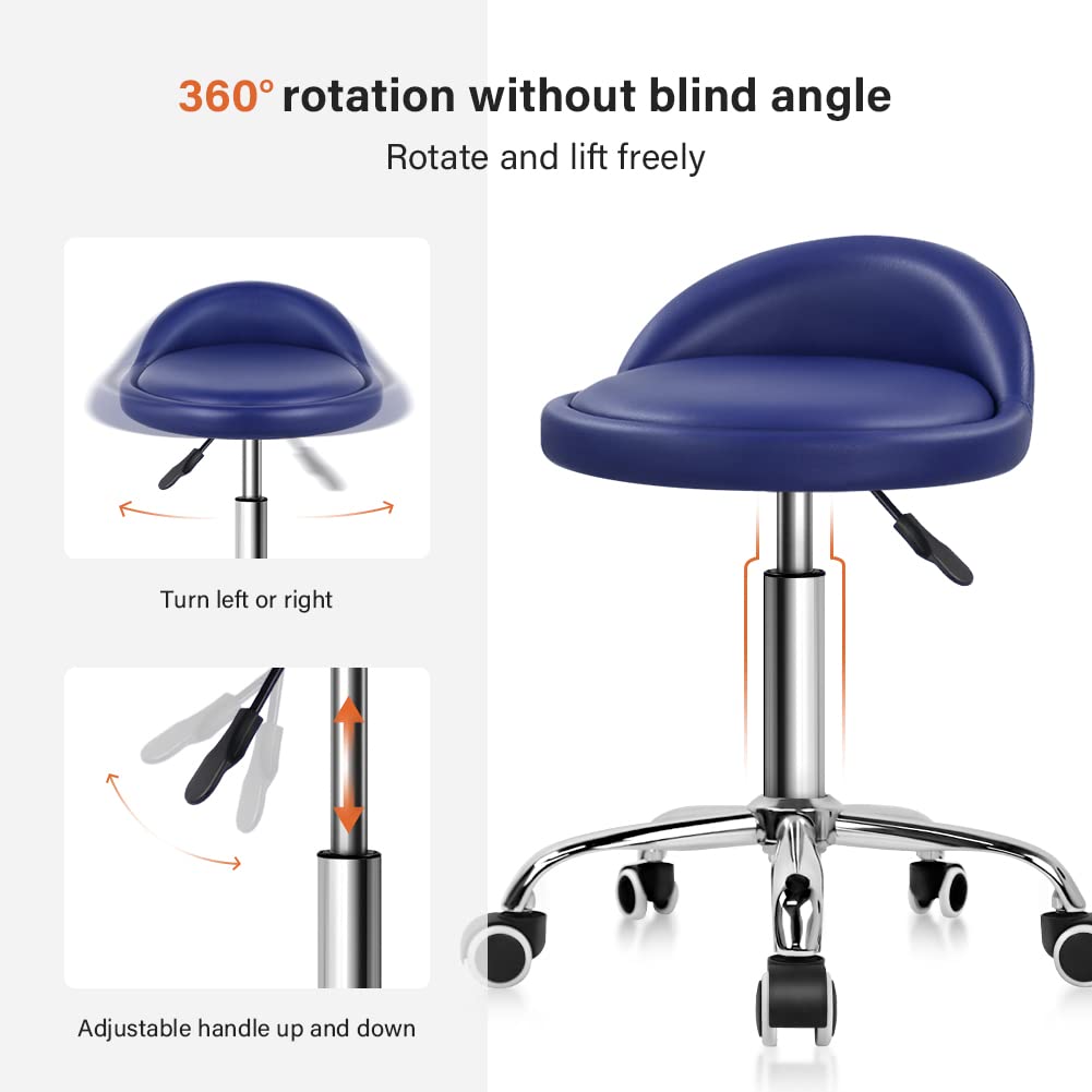 KKTONER Taburete de Cuero Artificial con Respaldo Giratorio Taburete con Ruedas Ajustable en Altura con Reposapiés para Pintar Tatuajes Masajes SPA Taburete de Trabajo para Taller (Azul)