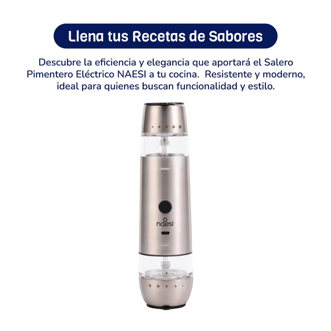 Salero Pimentero Eléctrico Naesi Vidrio y Acero Inoxidable Ajustable y Recargable para Especias, Sal y Pimienta