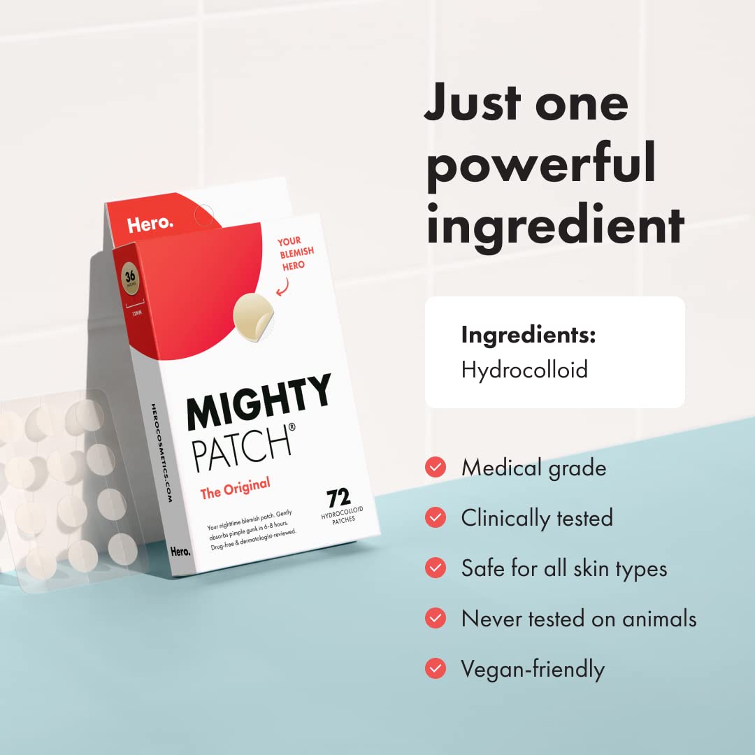 Mighty Patch Original de Hero Cosmetics - Parche hidrocoloide para acné y espinillas para cubrir manchas y manchas, calcomanías para cara y piel, apto para veganos y no probado en animales (72 unidades)