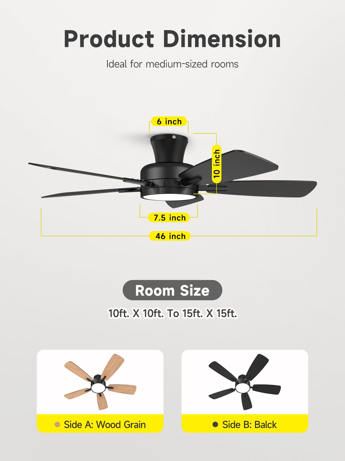 Ventilador de Techo TALOYA negro de 46 Pulgadas con Luz y Control Remoto Regulable para Dormitorio