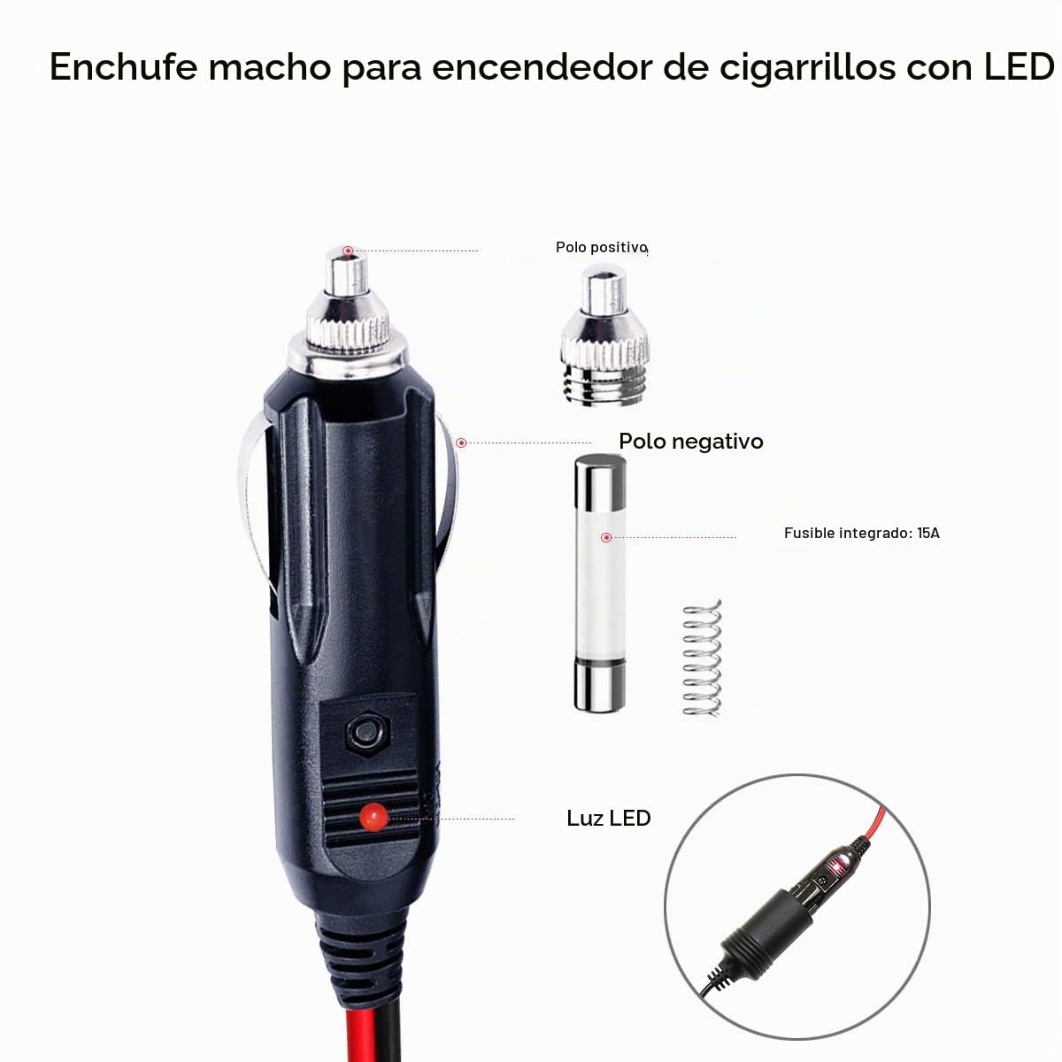 Enchufe de Repuesto Sparking Negro con Luz LED para Encendedor de Cigarrillos 12V y Cable Adaptador 24V para Automóvil