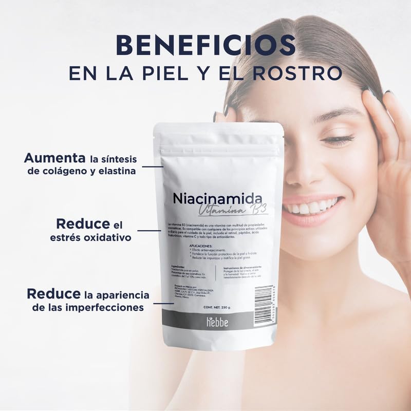 Hebbe - Niacinamida Pura para Rejuvenecimiento y Cuidado de la Piel, 250 g