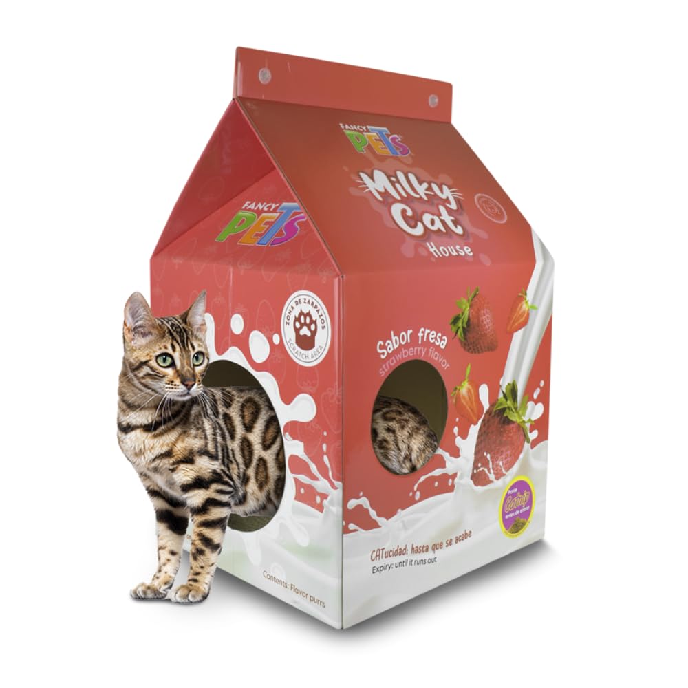 Fancy Pets Milky Strawberry Cat House Divertida Casa de Cartón con Rascador para Gato