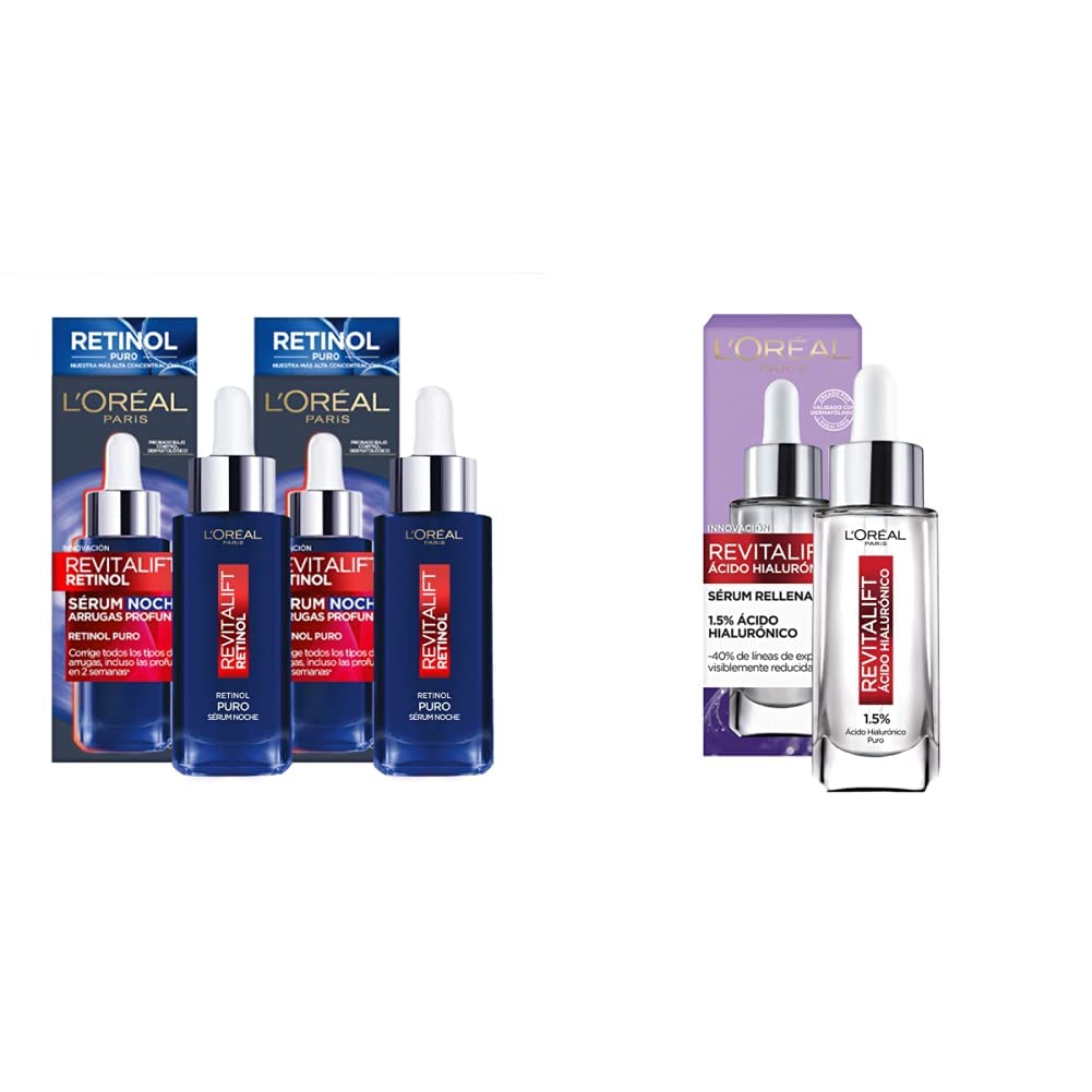 L'OREAL PARIS Kit 2 pack sérum Revitalift Retinol puro anti-arrugas 30ml,Blanco + L'Oreal Paris Serum Facial Anti Arrugas Acido Hialuronico Revitalift L'Oreal Paris