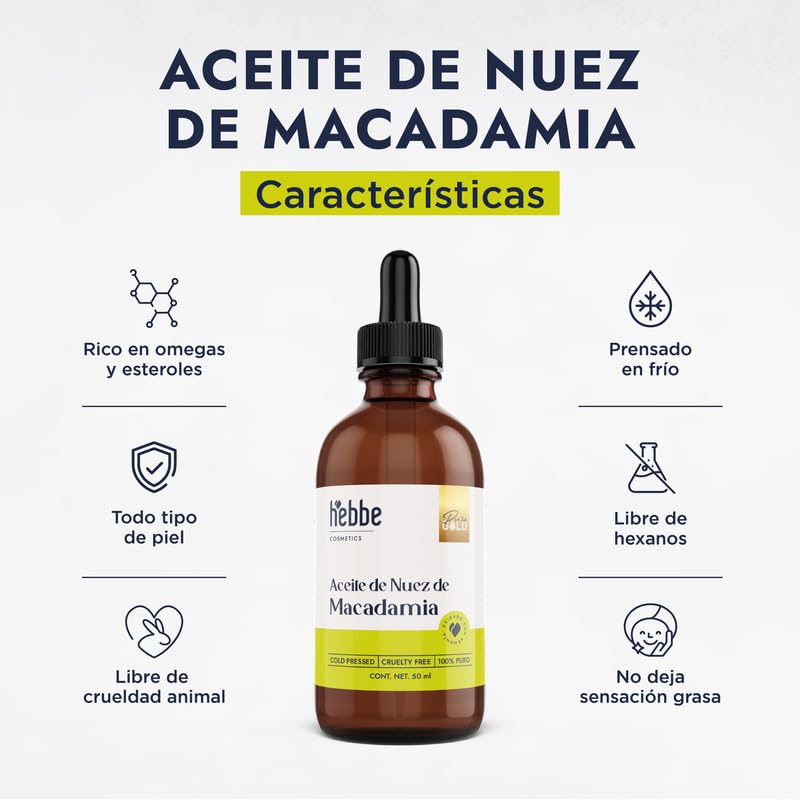 Hebbe Aceite de Nuez de Macadamia 50 ml | Prensado en Frío 100% Puro | Hidratante Piel y Cabello | Textura Ligera sin Grasa | Nutritivo