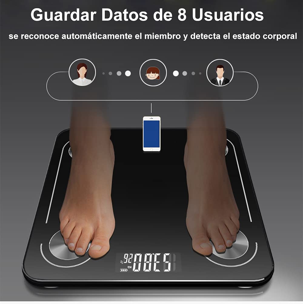 INGEQUIS Báscula Inteligente de Grasa Corporal, Balanza Digital Recargable USB para Detectar Datos de Salud, Medición Precisa con Vidrio Fino y Elegante, Transmisión via Bluetooth en APP Celular