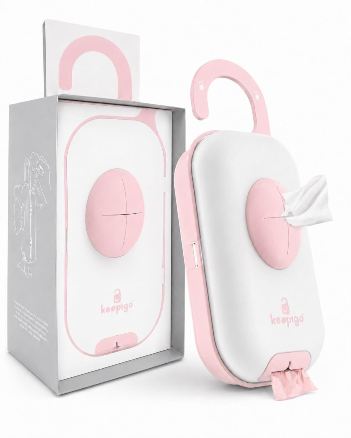 Keepigo| Dispensador de toallitas para pañales rosa para bebé, organizador portátil 3 en 1, soporte para toallitas para bebés con bolsas desechables, artículos esenciales para bebés recién nacidos