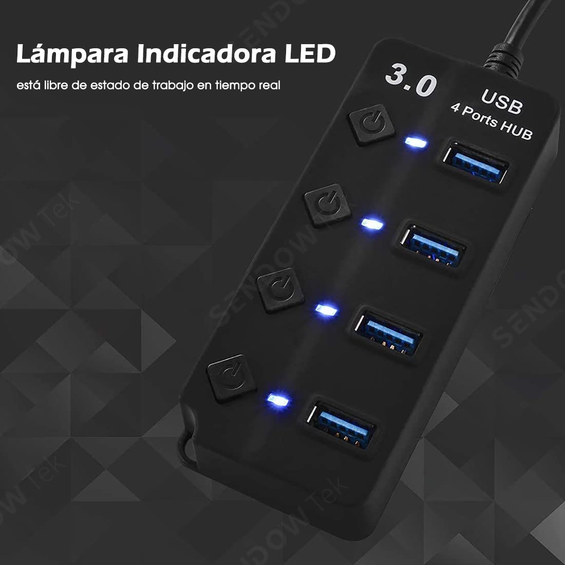 Hub USB Sendowtek Negro 3.0 Universal de 4 Puertos con Interruptores y LED
