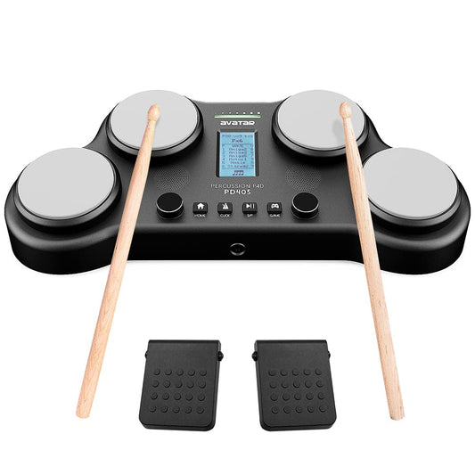 HXW PD405 - Juego de batería eléctrica de mesa, con 163 sonidos de percusión, 4 almohadillas para orejas de batería sensibles a la velocidad, 2 pedales y bastones de batería, regalo de cumpleaños