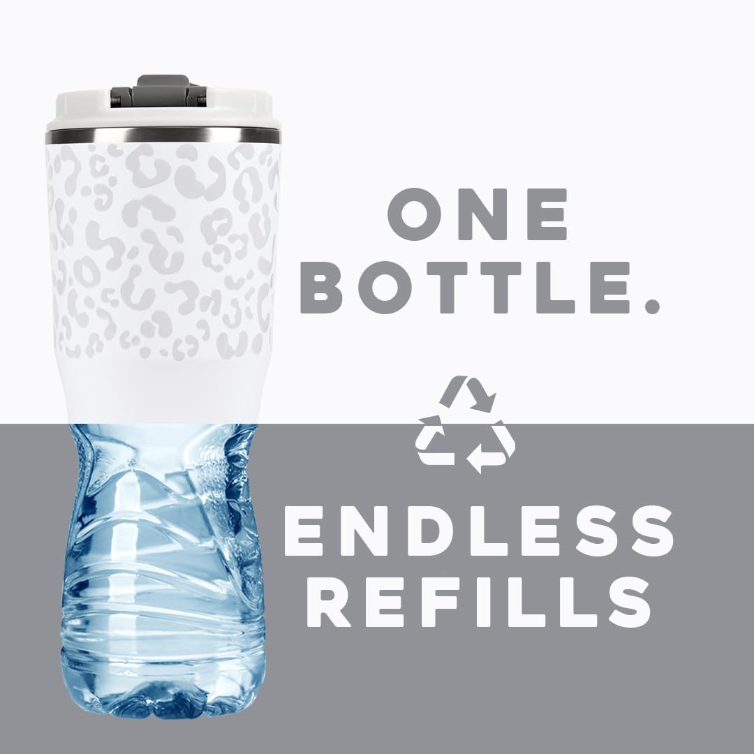 Buffer Flask - Vaso Térmico 600 ml - Termo para Café y Agua de Acero Inoxidable - Tapa Anti Derrame y Fugas - Taza Tumbler Mug para Bebidas Frías y Calientes - Incluye Popote - Color Leopardo Blanco