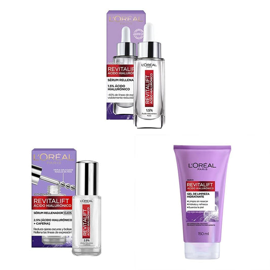 L'Oreal Paris Serum Facial Anti Arrugas Acido Hialuronico Revitalift L'Oreal Paris + Serum de Ojos Anti Líneas de Expresión Revitalift Ácido Hialurónico, 20 ml + Gel Limpiador Facial,150 ml