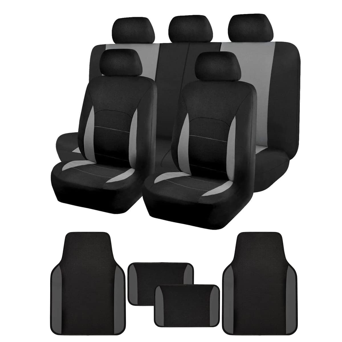Flying banner car Seat Fund asiento delantero asiento trasero protector de asiento trasero de poliéster coche fácil de instalar asiento trasero dividido clásico camión masculino y femenino (conjunto completo - respaldo bajo - paquete combinado, negro y gr