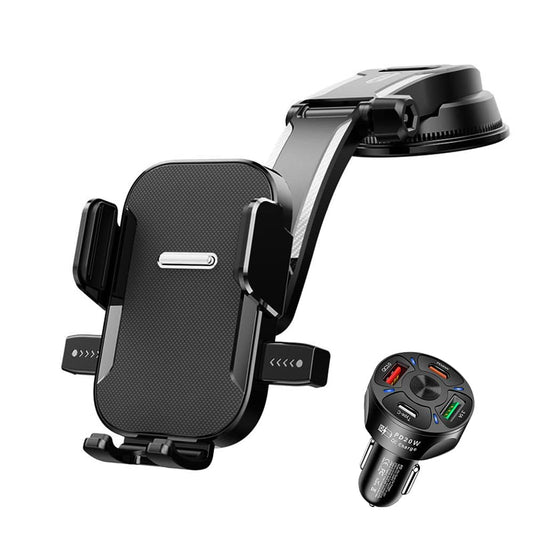 BAYLOVE Soporte Celular Automóvil + Adaptador Auto Carga Rápida Cuatro Puertos, Soporte Celular Auto por Gravedad para Ventosa De Alta Viscosidad, Apto para Todos Los Modelos de Teléfono Móvil