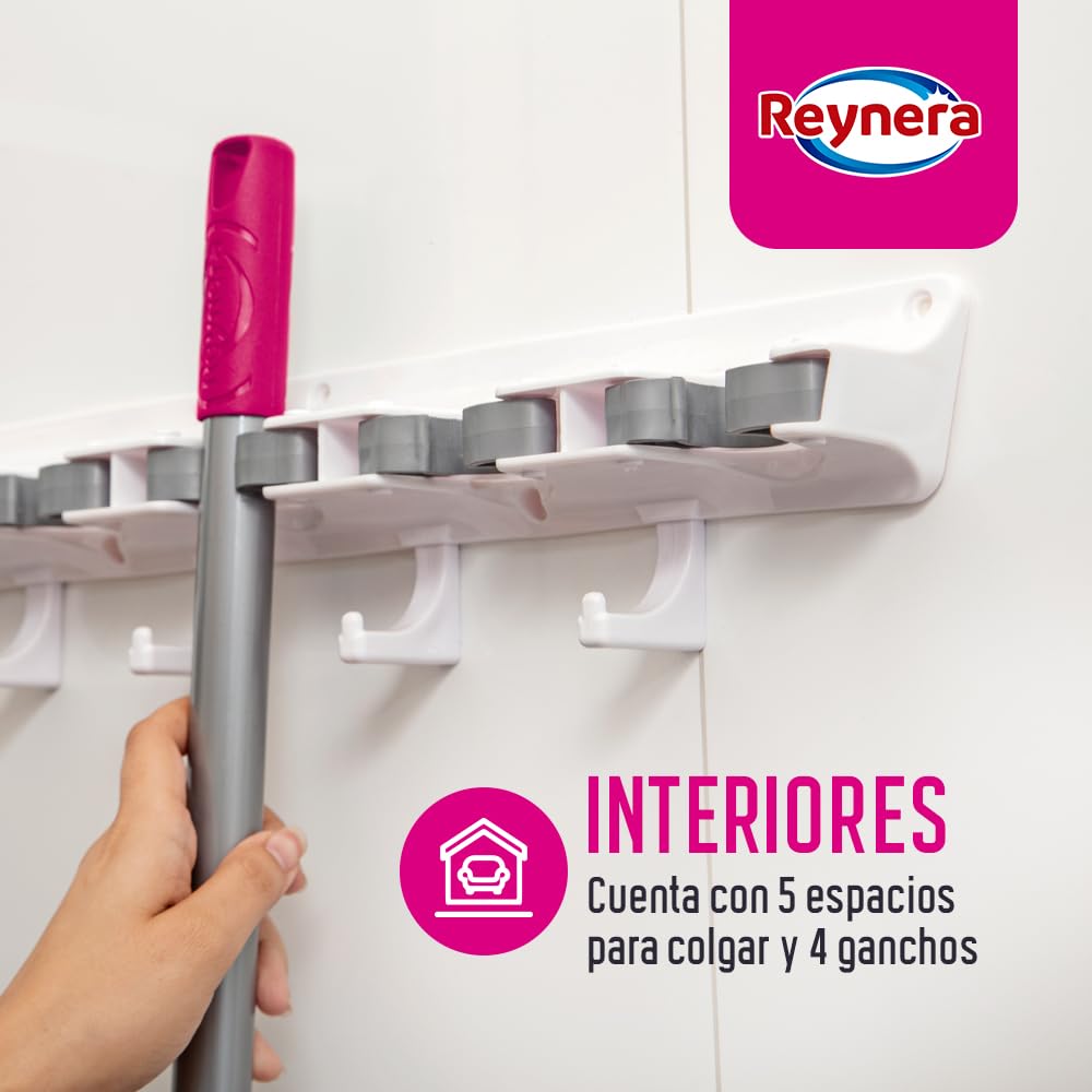 Colgador Reynera, Organizador de Escobas y Trapeadores con 5 Espacios y 4 Ganchos para una Organización Impecable.