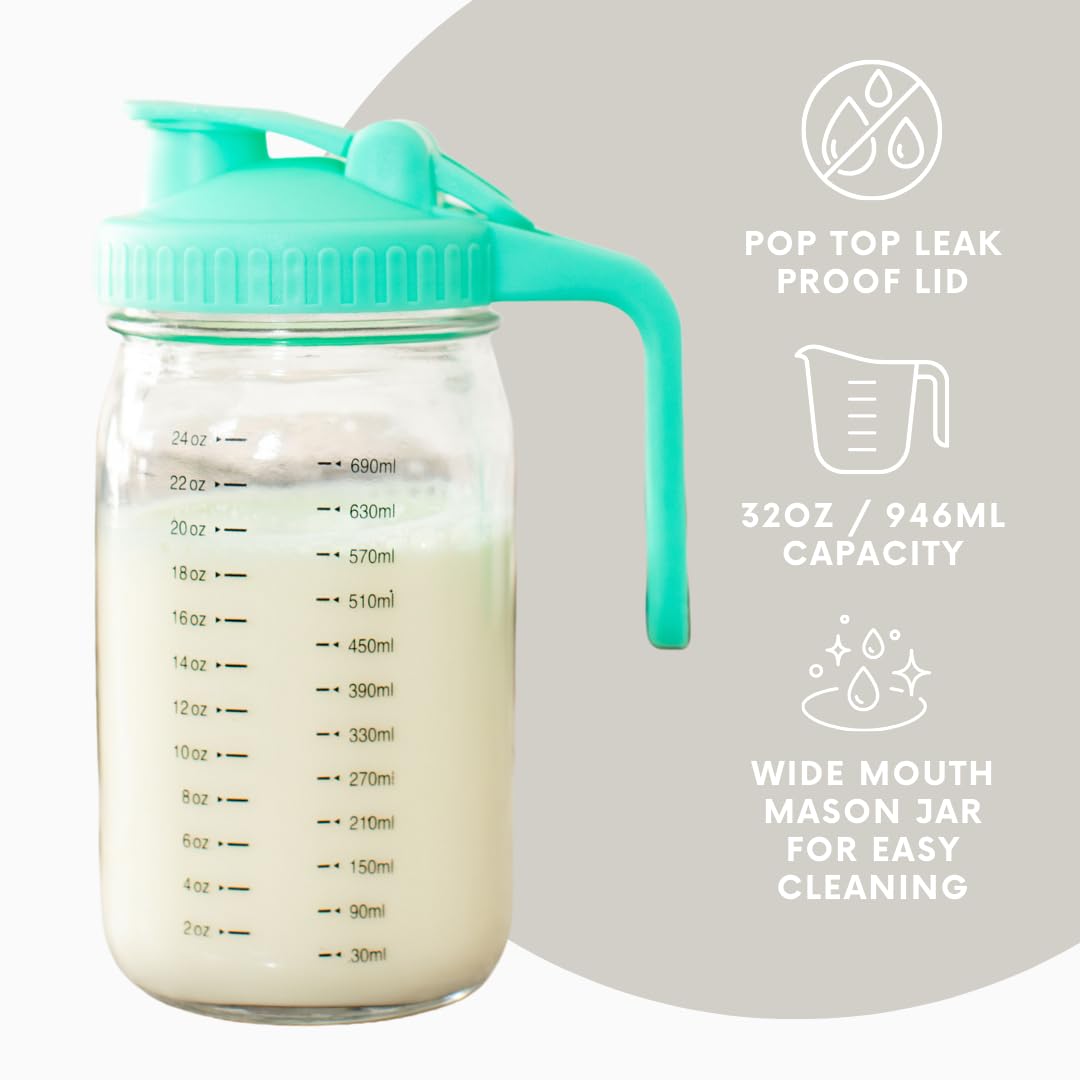 Lands of Faith Jarra de leche materna para leche materna de vidrio de 32 onzas a prueba de fugas con tapa abatible con mango de boquilla para verter leche materna para nevera