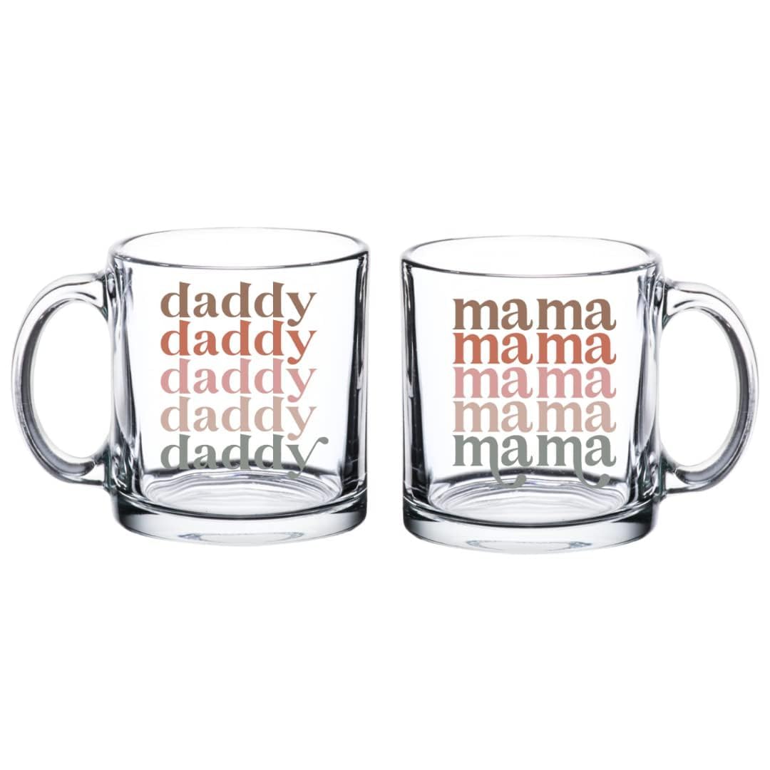 Tipit Drinkware - Juego de tazas de café de vidrio para mamá y papá, juego de regalo para nuevos padres a ser baby shower regalos para padres, tazas de mamá y papá para futuros padres