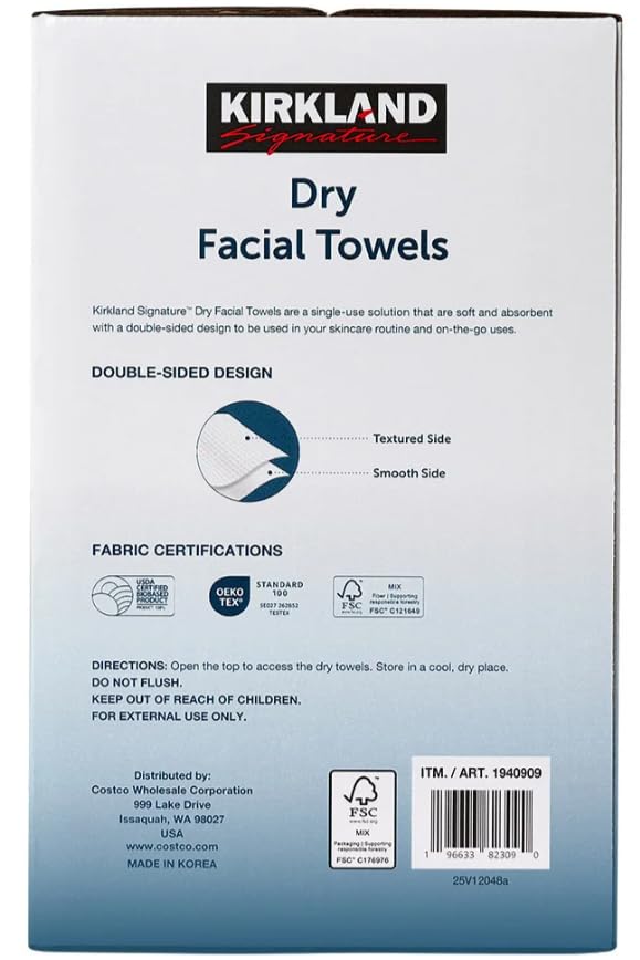 Kirkland Toallas Faciales Secas Diarias Kirkland Signature, 200 Unidades: Desechables Extrasuaves para Limpieza, Desmaquillaje y Cuidado de la Piel. Suaves, Higiénicas y sin Pelusa.
