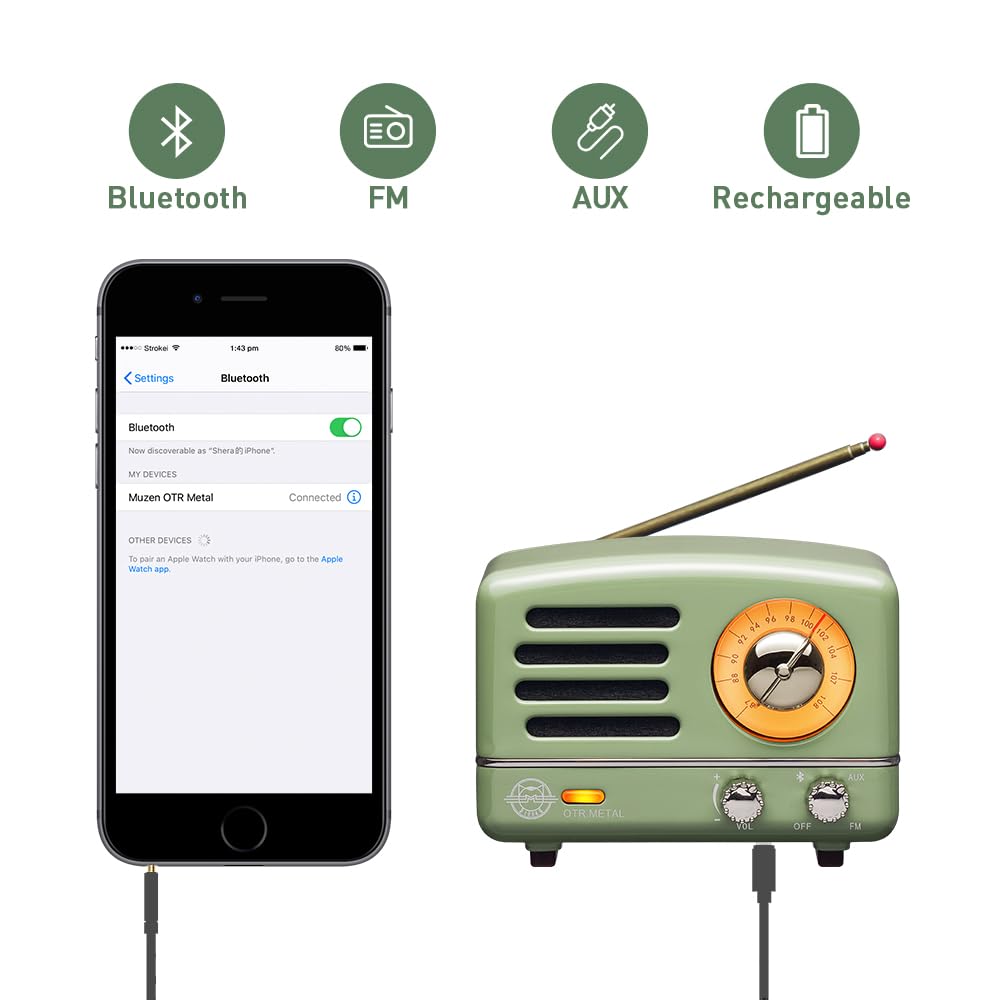 Muzen OTR Altavoz Bluetooth Portátil de Metal con Sintonizador de Perilla Retro Radio FM, con Estuche de Regalo, Altavoz Bluetooth Inalámbrico con Sonido Estéreo, para Viajes Exteriores Hogar