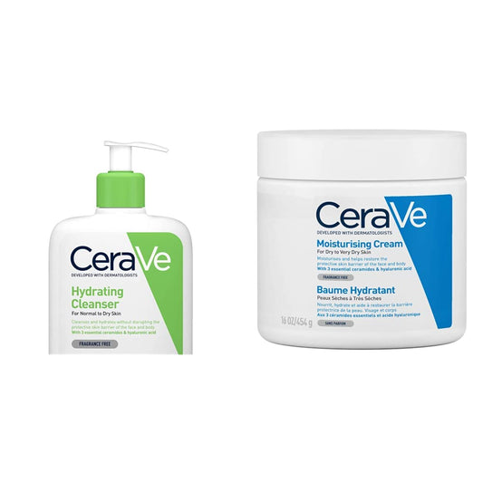 CeraVe Limpiadora Hidratante |473ml| Limpiador facial diario para piel seca | Libre de fragancia + Crema Hidratante |454gr| Hidrante diario para rostro y cuerpo para piel seca