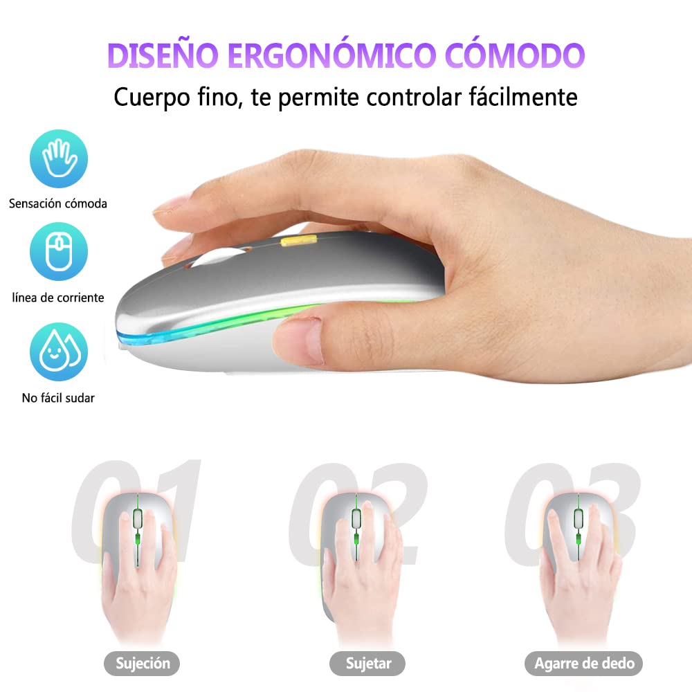 Free wolf X15 Mouse Inalámbrico, Mouse Bluetooth y 2.4GHz Modos Dual Recargable y Ergonómico, Click Silencioso con Receptor USB 3 Ajustable dpi Ratón para Computadora, Portátil, PC, Mac (Plata)