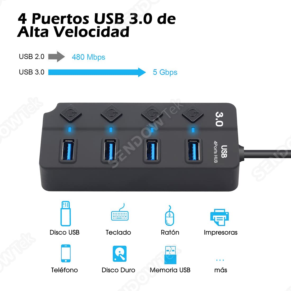 Hub USB Sendowtek Negro 3.0 Universal de 4 Puertos con Interruptores y LED