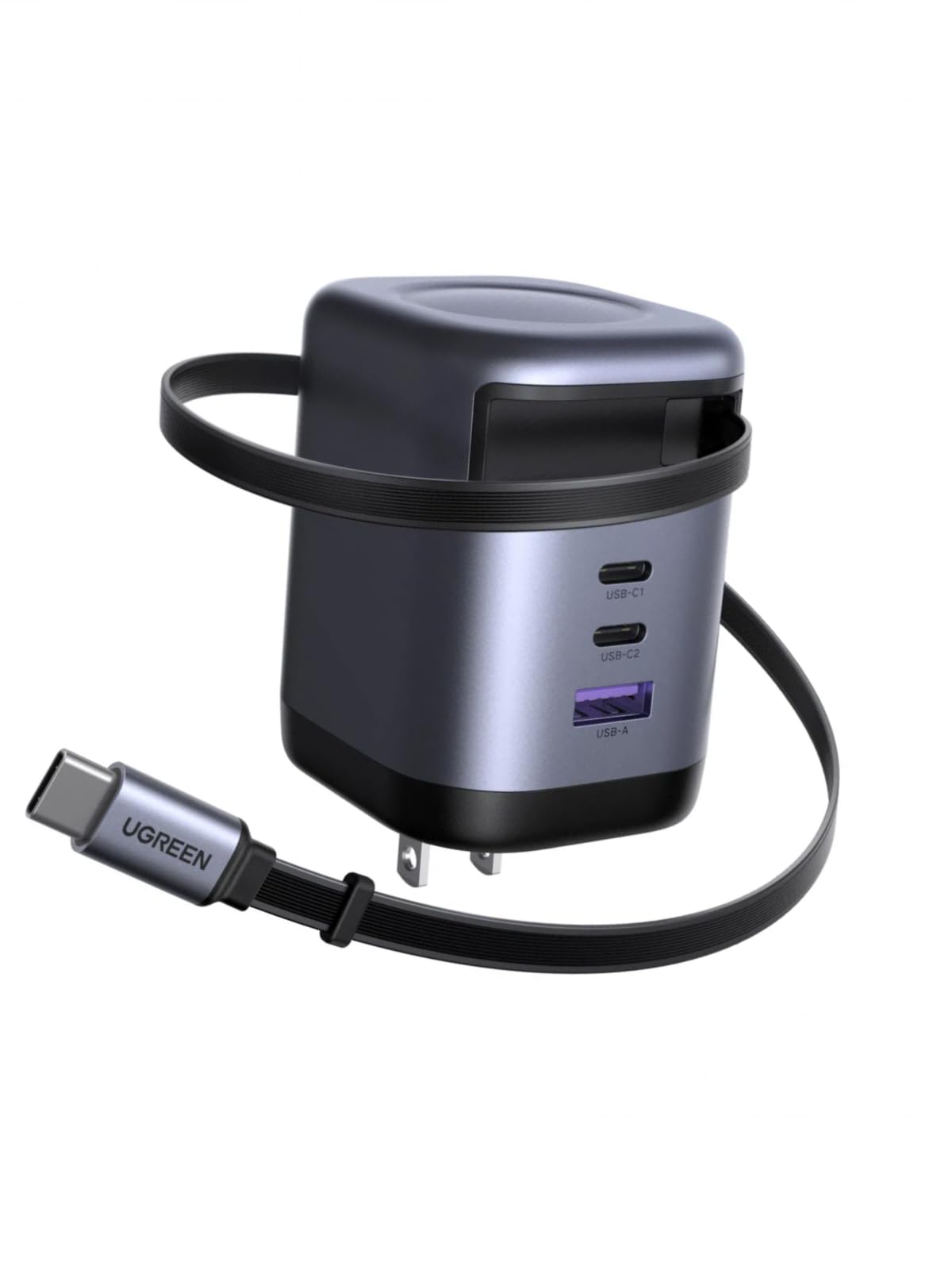 Cargador GAN UGREEN 100W con Cable Retráctil Blanco para Carga Rápida PD 3.0 con 3 Puertos 2C1A